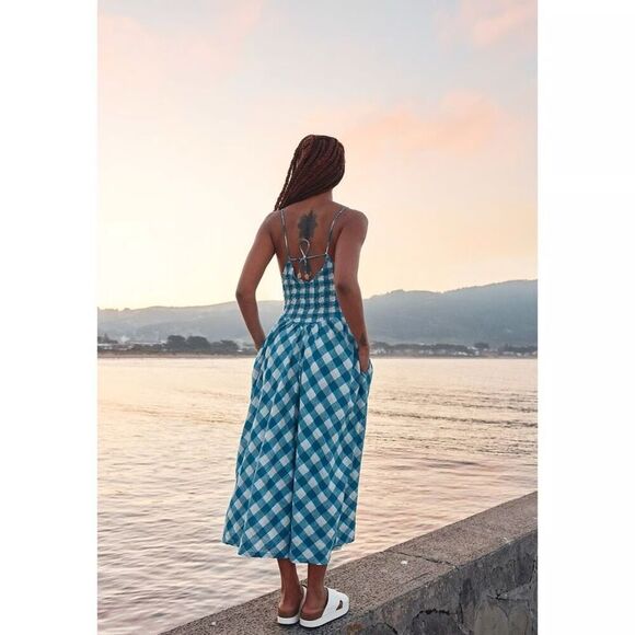 Free People Vera Midi Dress Blue Gingham Smocked Strappy Back XS - Picture 2 of 8
